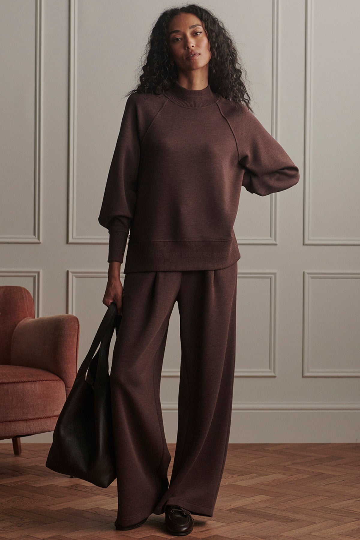 Varley Loxley sweatshirt and extra wide leg pants in Coffee Bean Marl